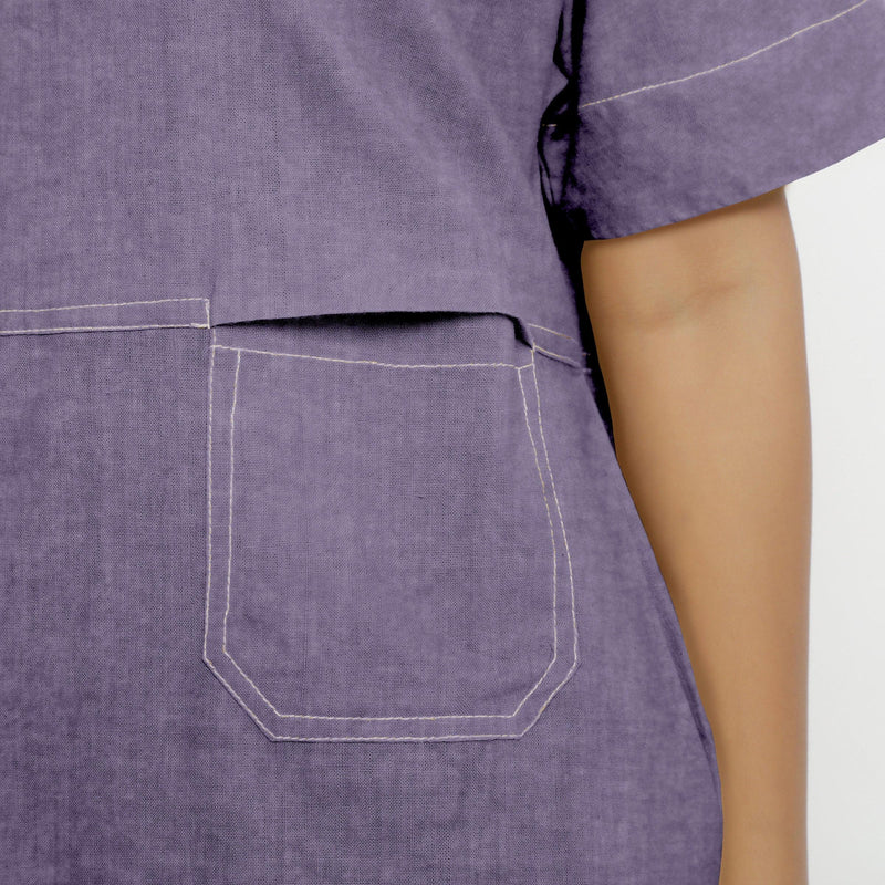 Close View of a Model wearing Lavender 100% Linen Knee Length Yoked Dress