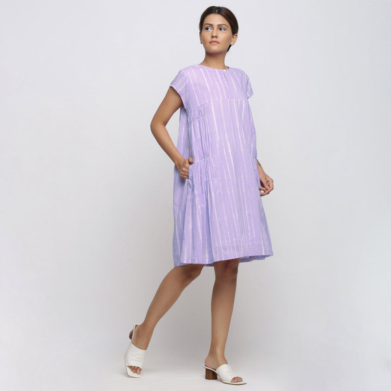 Right View of a Model wearing Lavender Tie and Dye Cotton Yoke Dress