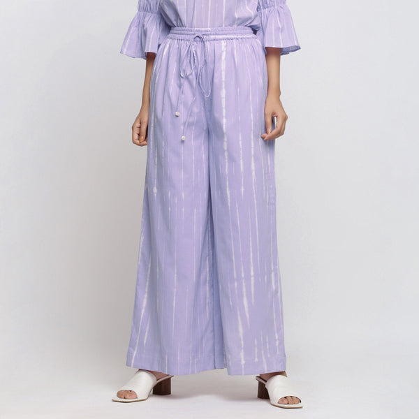Front View of a Model wearing Lavender Hand Tie Dye Cotton Elasticated Wide Legged Pant