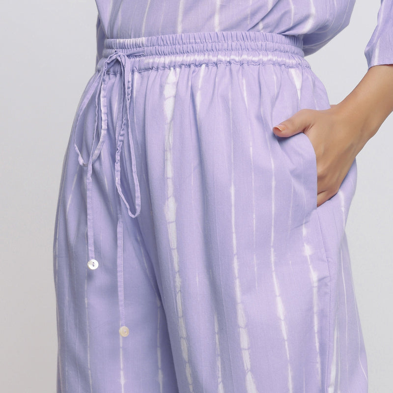 Left Detail of a Model wearing Lavender Tie Dye Wide Legged Palazzo Pant