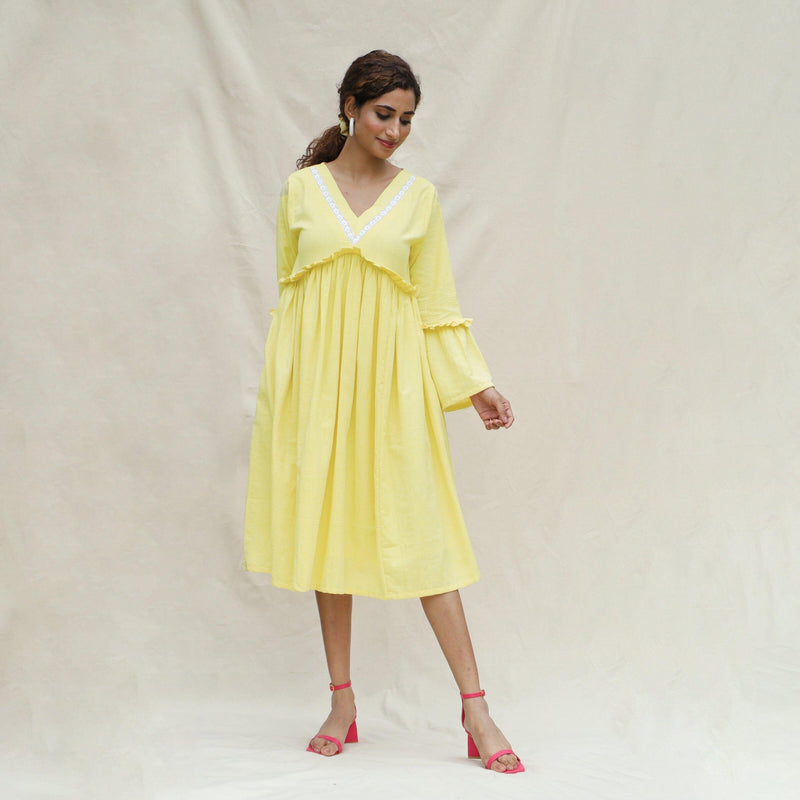 Lemon Yellow Handspun Cotton Bohemian Midi Dress