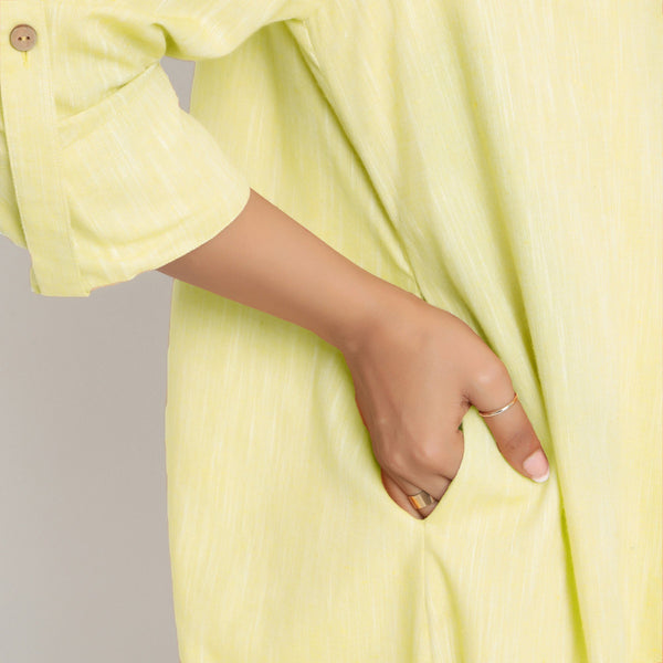Right Detail of a Model wearing Lemon Yellow Lapel Collar Overlay
