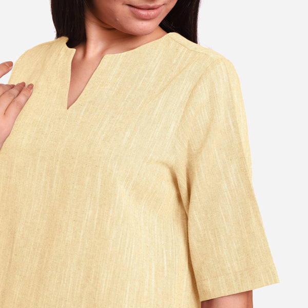 Front Detail of a Model wearing Lemon Yellow Yarn Dyed Cotton High-Low Top