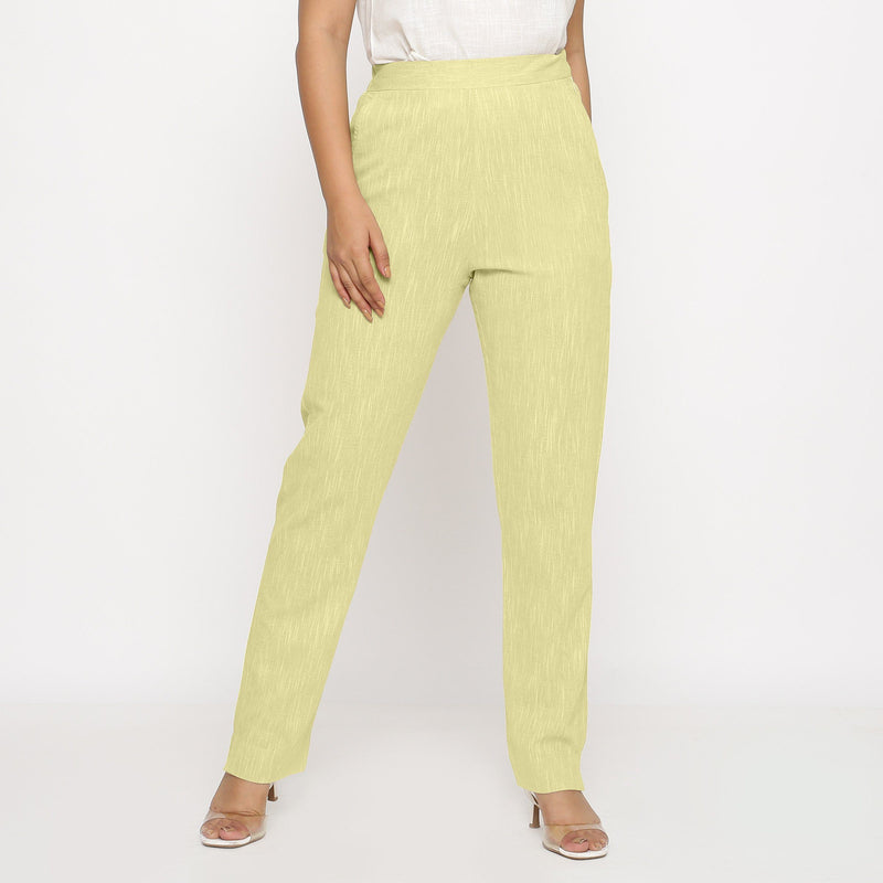 Front View of a Model wearing Lemon Yellow Yarn Dyed Mid Rise Tapered Pant