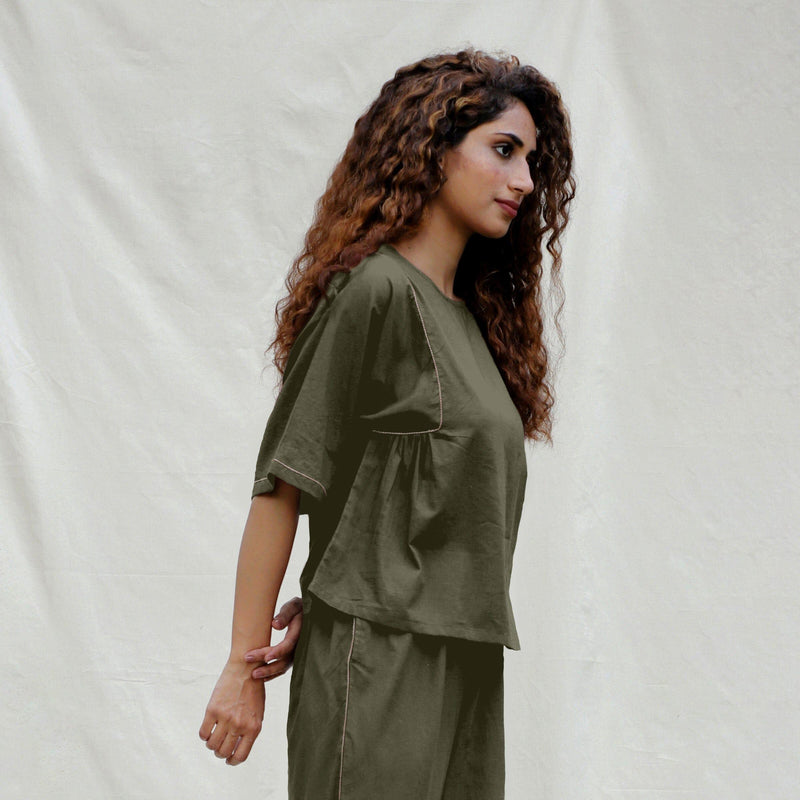 Light Green Cotton Drop Shoulder Sleeves Gathered Top