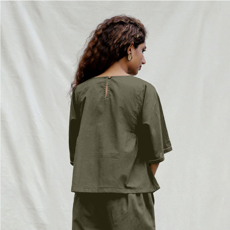 Light Green Cotton Drop Shoulder Sleeves Gathered Top