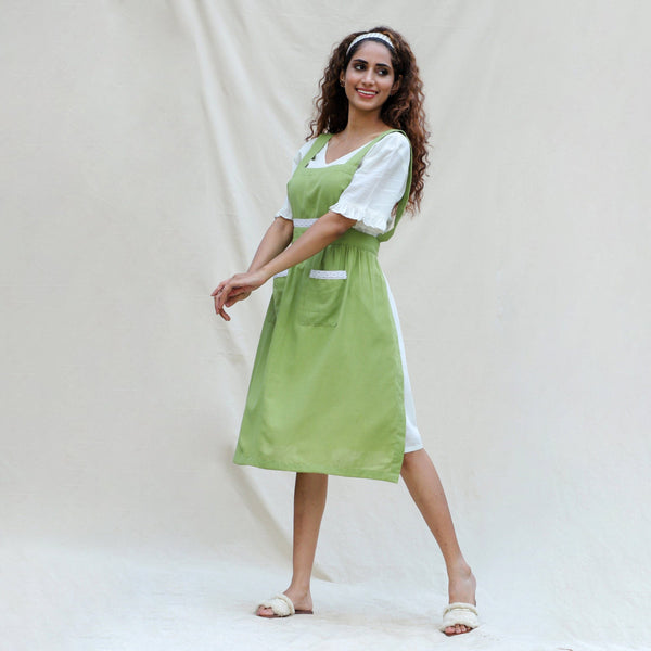 Left View of a Model wearing Light Green Cotton Flax Comfort Fit Apron