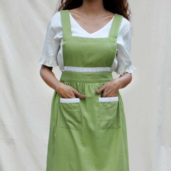 Front View of a Model wearing Light Green Cotton Flax Comfort Fit Apron