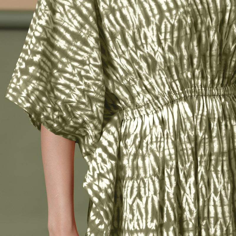Front Detail of a Model wearing Light Green Shibori Kaftan Dress