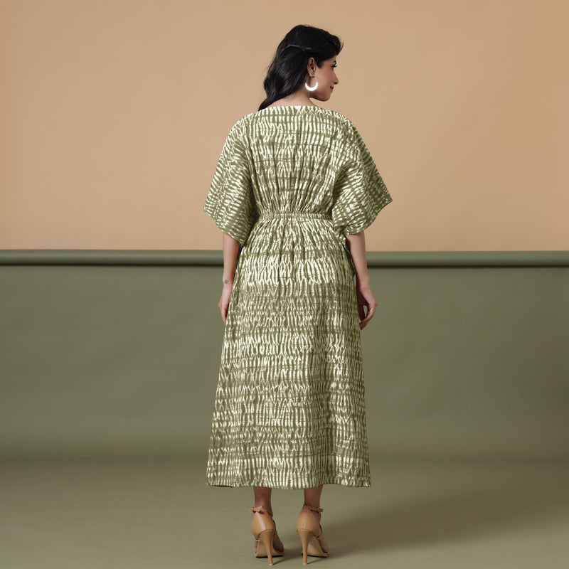 Back View of a Model wearing Light Green Shibori Kaftan Dress
