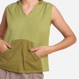 Front Detail of a Model wearing Light Green Cotton Flax Kangaroo Pocket Hoodie Top