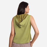 Back View of a Model wearing Light Green Cotton Flax Kangaroo Pocket Hoodie Top