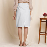 Back View of a Model wearing Light Grey Warm Cotton Flannel Knee-Length Pencil Skirt