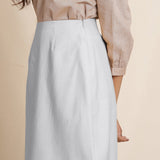 Left Detail of a Model wearing Light Grey Warm Cotton Flannel Knee-Length Pencil Skirt