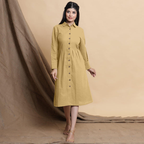 Front View of a Model wearing Light Khakhi Button Down Cotton Flax Knee Length Formal Dress