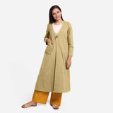 Front View of a Model wearing Light Khakhi Cotton Flax Brown A-Line Jacket