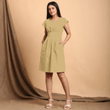 Light Khakhi Cotton Flax Pleated Cap Sleeves Short Dress