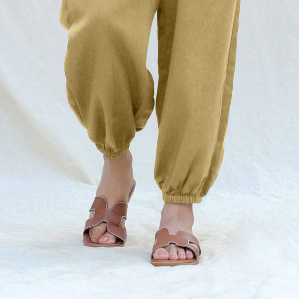 Light Khakhi Cotton Flax High-Rise Elasticated Jogger Pant