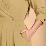 Light Khakhi Cotton Flax Notched Collar Midi Pleated Wrap Dress