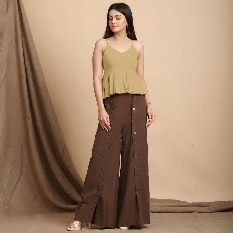 Front View of a Model wearing Light Khakhi Cotton Flax Pleated Camisole Top