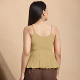 Back View of a Model wearing Light Khakhi Cotton Flax Pleated Camisole Top