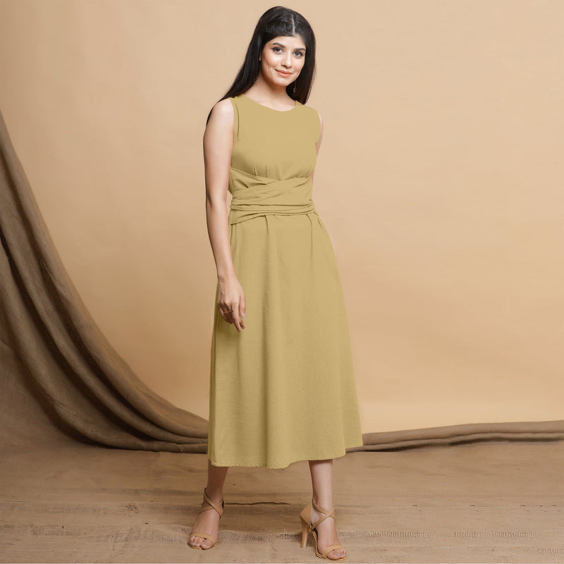 Light Khakhi Cotton Flax Sleeveless A-Line Midi Dress