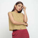 Front View of a Model wearing Light Khaki Cotton Flax Button-Down Shirt