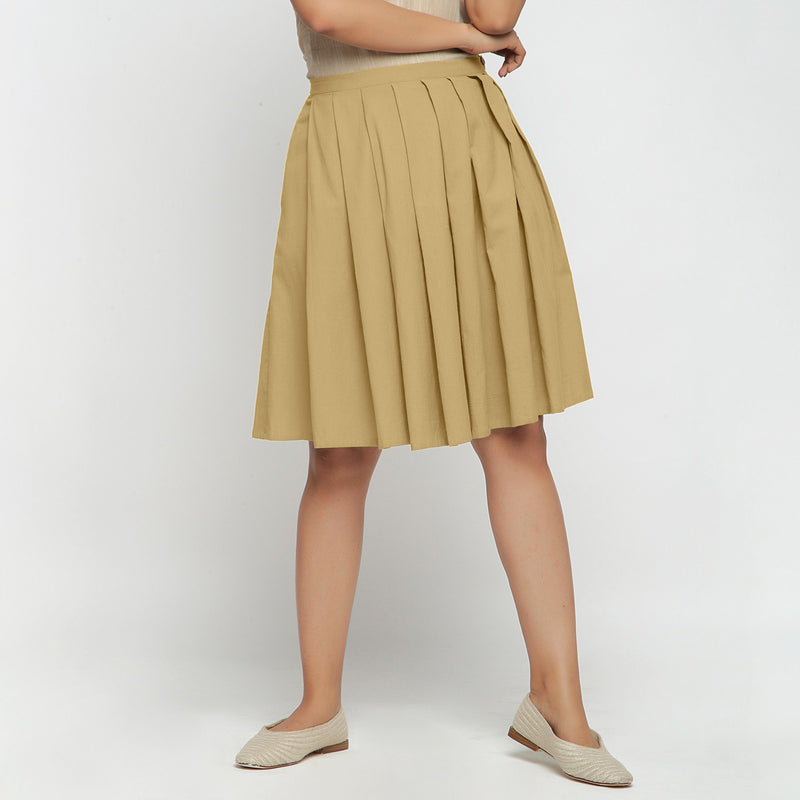 Front View of a Model wearing Light Khaki Cotton Flax Pleated Skirt