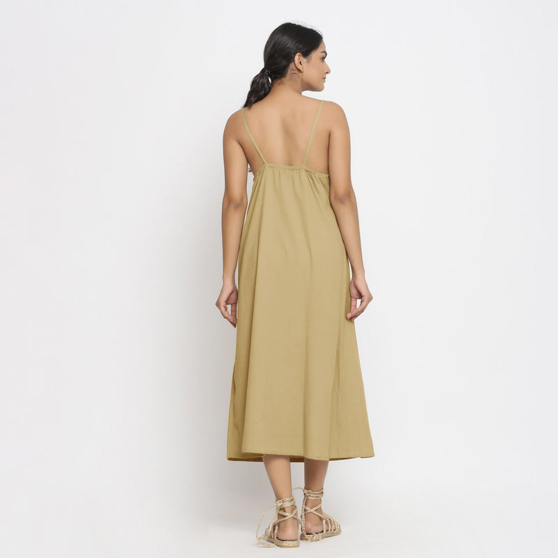 Back View of a Model wearing Light Khaki Cotton Flax Strap Sleeve A-Line Dress