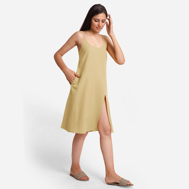 Right View of a Model wearing Light Khaki Cotton Flax Strappy Slit Dress