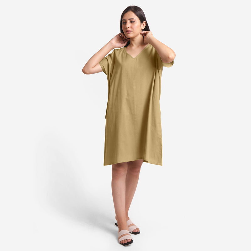 Front View of a Model wearing Light Khaki Cotton Flax V-Neck Tunic