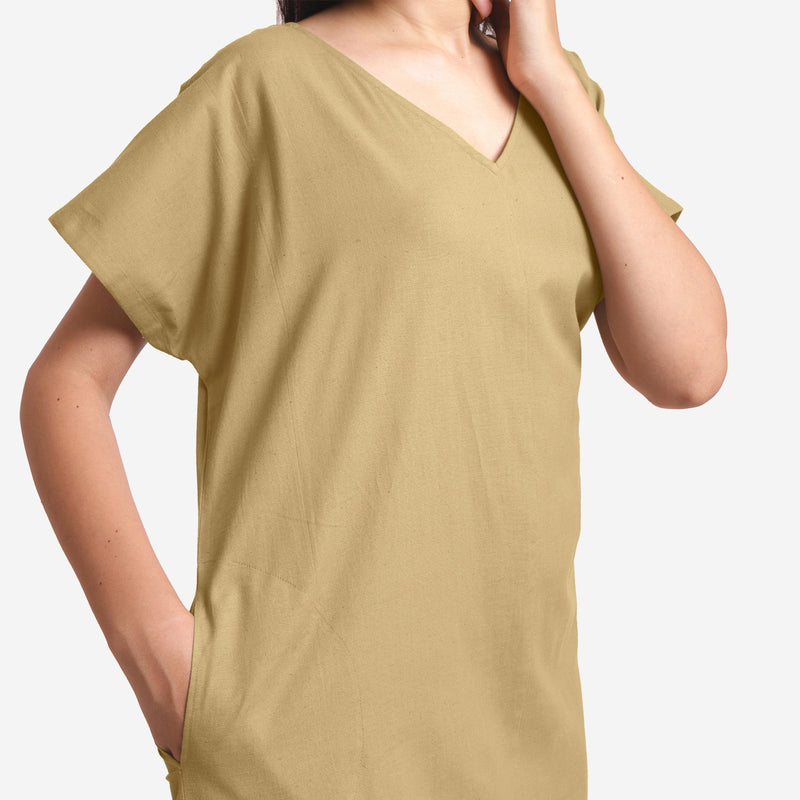 Front Detail of a Model wearing Light Khaki Cotton Flax V-Neck Tunic