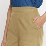 Front Detail of a Model wearing Light Khaki Mid-Rise Cotton Flax Culottes