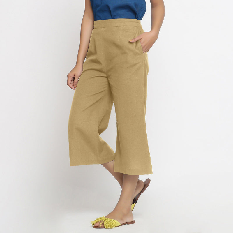 Left View of a Model wearing Light Khaki Mid-Rise Cotton Flax Culottes