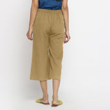 Back View of a Model wearing Light Khaki Mid-Rise Cotton Flax Culottes