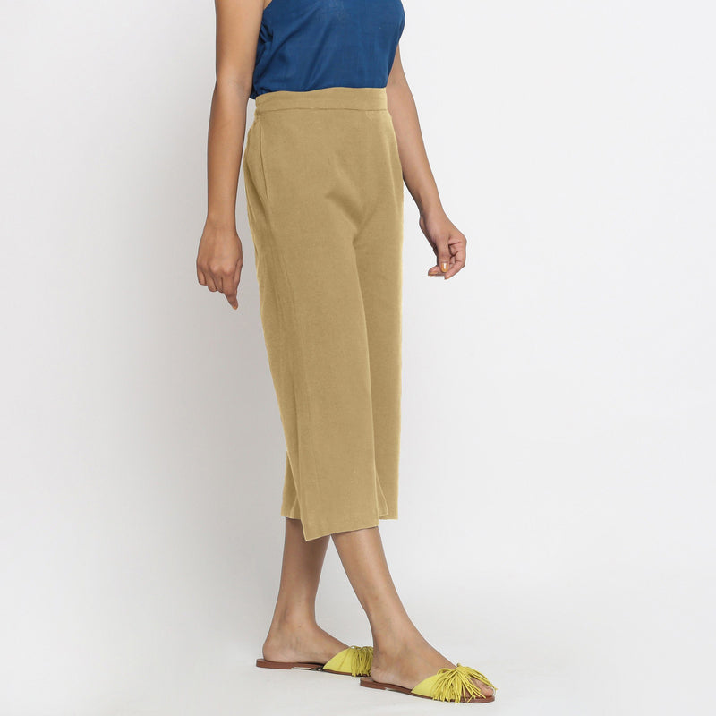 Right View of a Model wearing Light Khaki Mid-Rise Cotton Flax Culottes