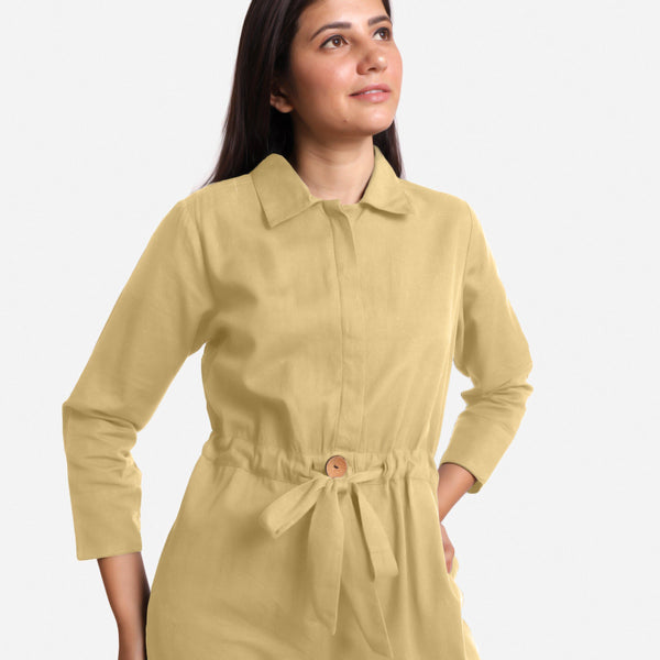 Front Detail of a Model wearing Light Khaki Wide Legged Cotton Overall