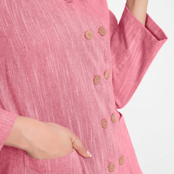Front Detail of a Model wearing Light Pink Cotton Flax Button-Down Jacket