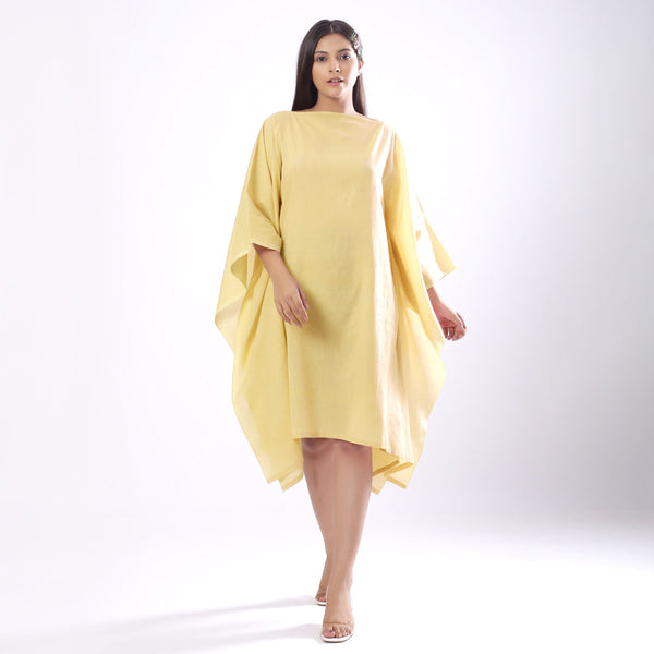 Front View of a Model wearing Light Yellow 100% Cotton Kaftan