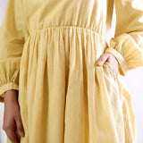 Front Detail of a Model wearing Light Yellow Backless Gathered Dress