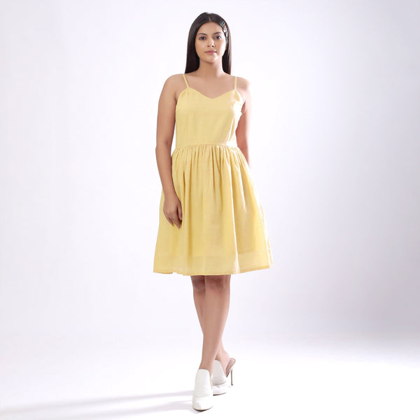Front View of a Model wearing Light Yellow Handspun Camisole Dress