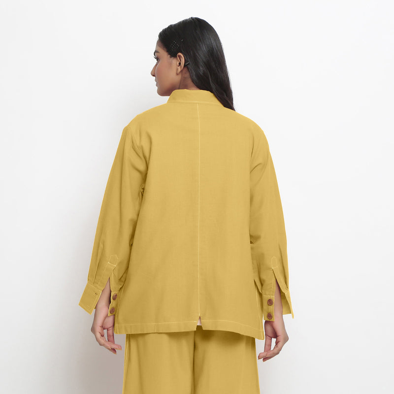 Back View of a Model wearing Yellow 100% Cotton Button-Down Outerwear