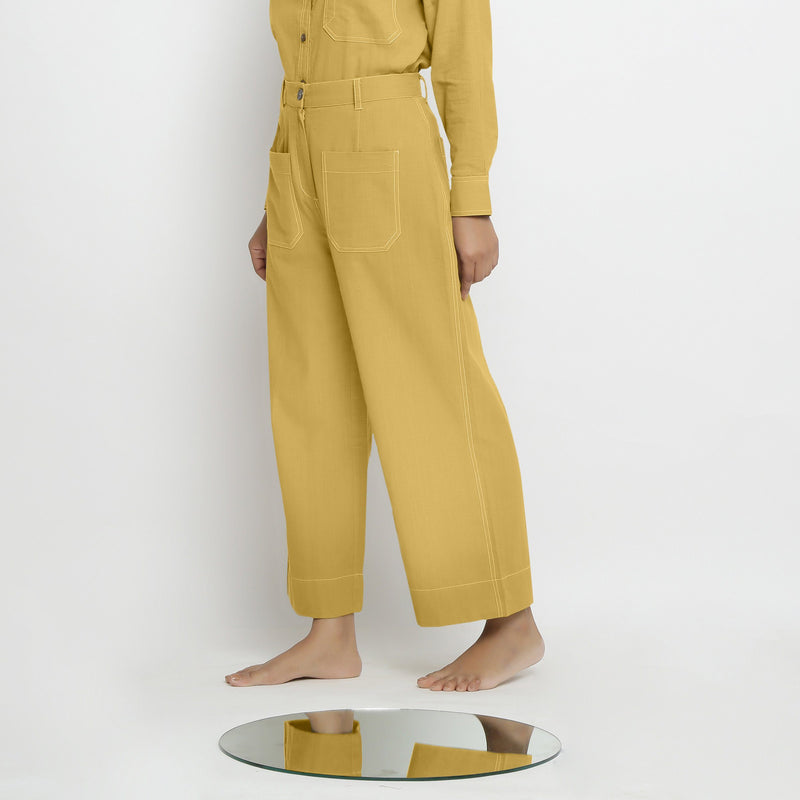 Left View of a Model wearing Light Yellow Patch Pocket Straight Fit Pant