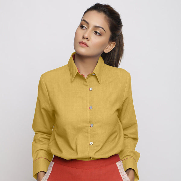 Front View of a Model wearing Light Yellow Vegetable Dyed 100% Cotton Button-Down Shirt