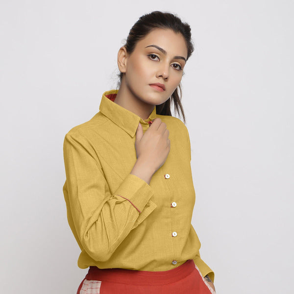 Right View of a Model wearing Light Yellow Vegetable Dyed 100% Cotton Button-Down Shirt
