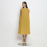 Front View of a Model wearing Light Yellow Vegetable Dyed A-Line Paneled Dress