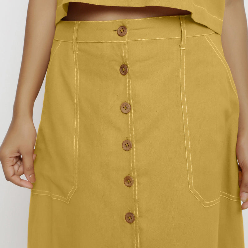 Front Detail of a Model wearing Light Yellow Vegetable Dyed Button-Down Skirt