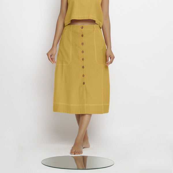 Front View of a Model wearing Light Yellow Vegetable Dyed Button-Down Skirt