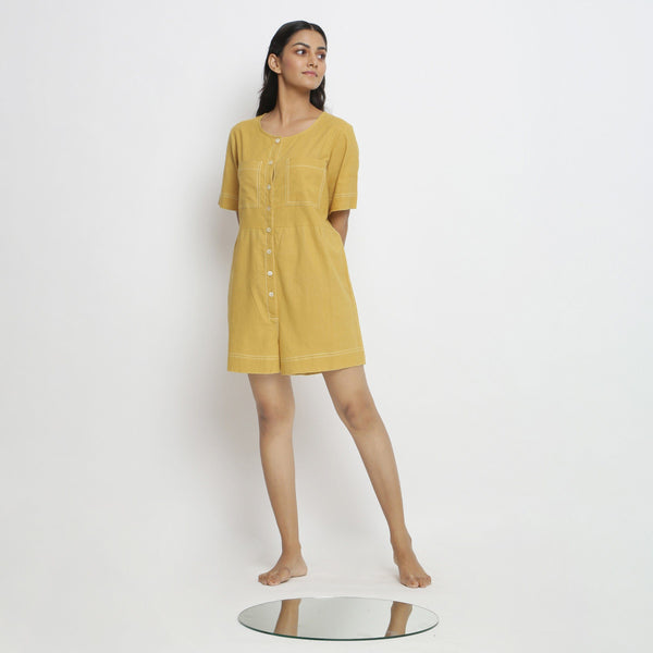 Front View of a Model wearing Light Yellow Vegetable Dyed Romper