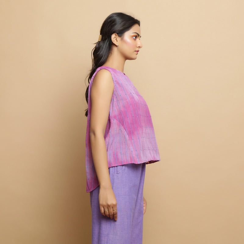 Right View of a Model wearing Lilac Cotton Keyhole Neck Godet Top